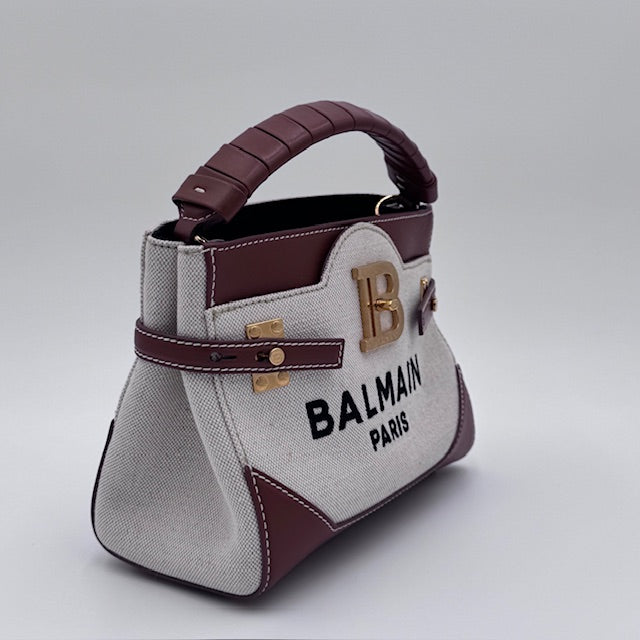 Balmain B-Buzz Canvas and Leather Top Handle Bag with Strap