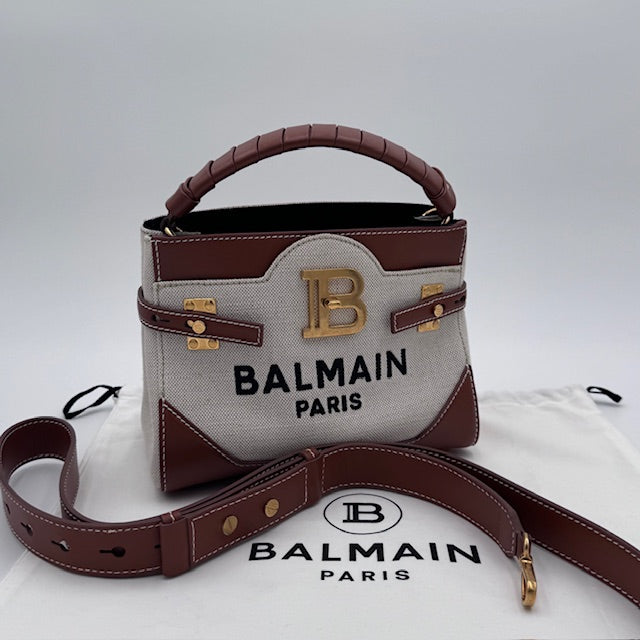 Balmain B-Buzz Canvas and Leather Top Handle Bag with Strap