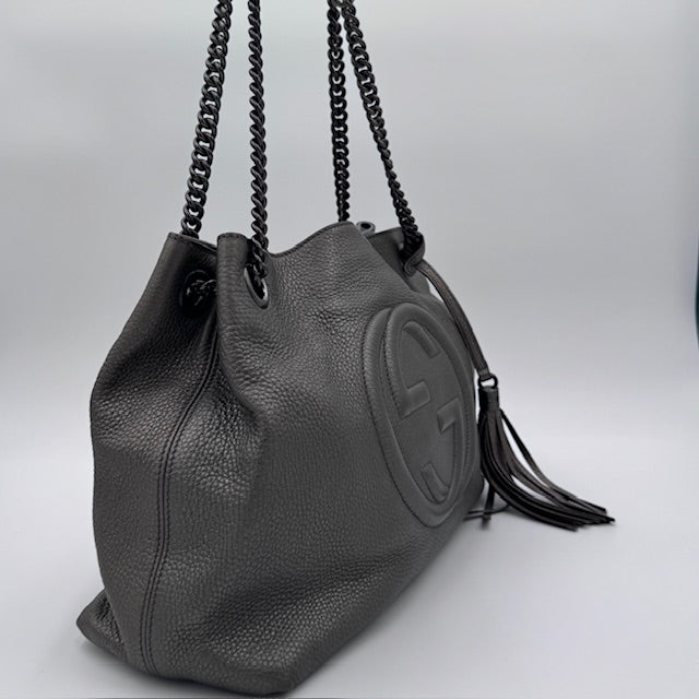 Gucci Soho Chain Tote in Gunmetal Grey Pebbled Leather