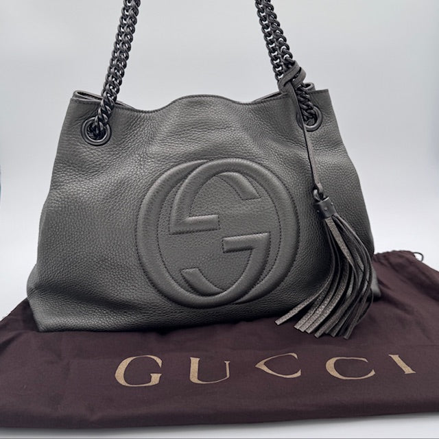 Gucci Soho Chain Tote in Gunmetal Grey Pebbled Leather