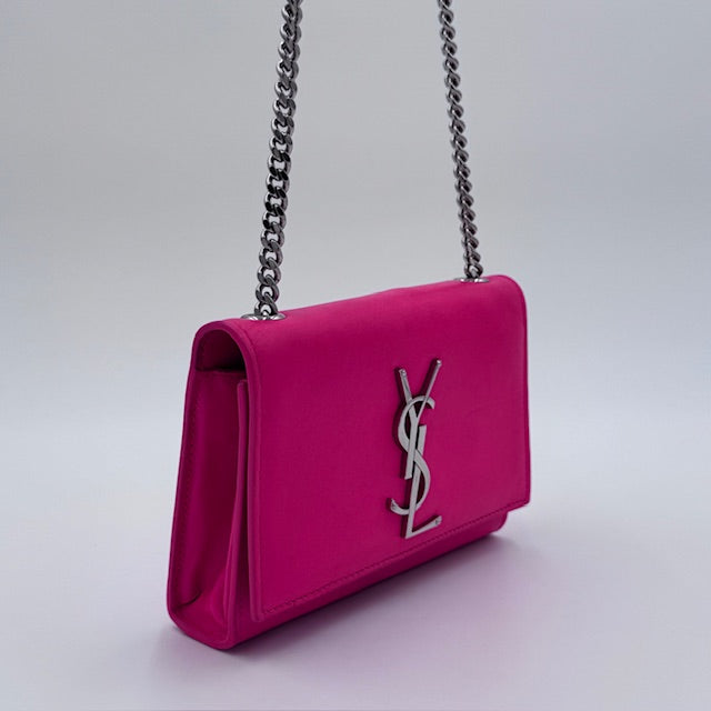 Saint Laurent Kate Small Chain Bag in Fuschia Leather with Silver-Tone Hardware