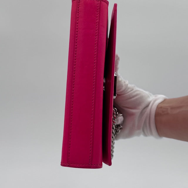Saint Laurent Kate Small Chain Bag in Fuschia Leather with Silver-Tone Hardware
