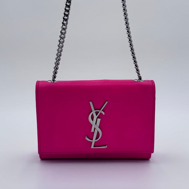 Saint Laurent Kate Small Chain Bag in Fuschia Leather with Silver-Tone Hardware