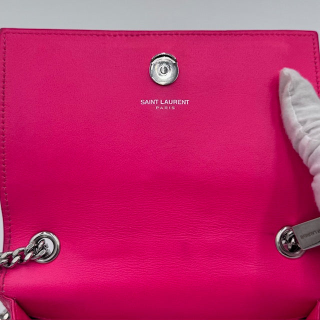 Saint Laurent Kate Small Chain Bag in Fuschia Leather with Silver-Tone Hardware