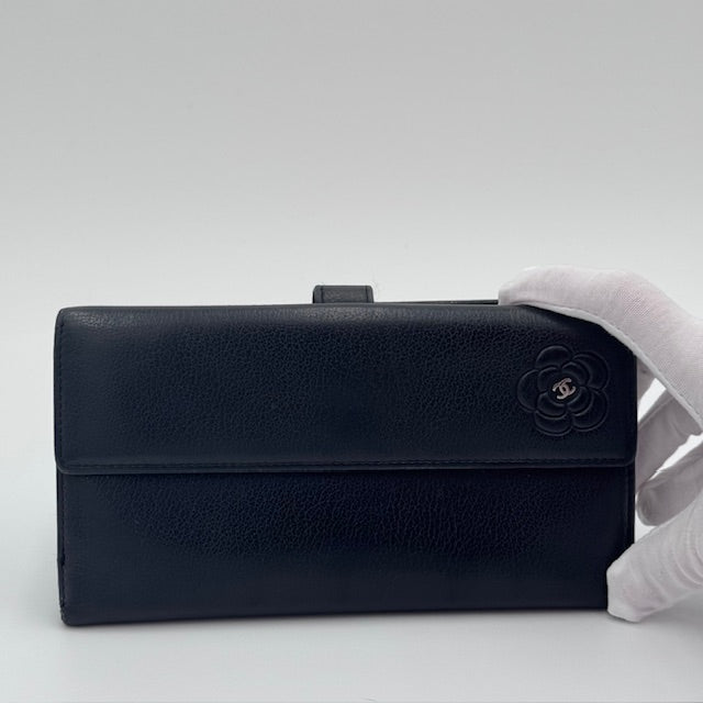 Chanel Black Leather Camellia Long Wallet