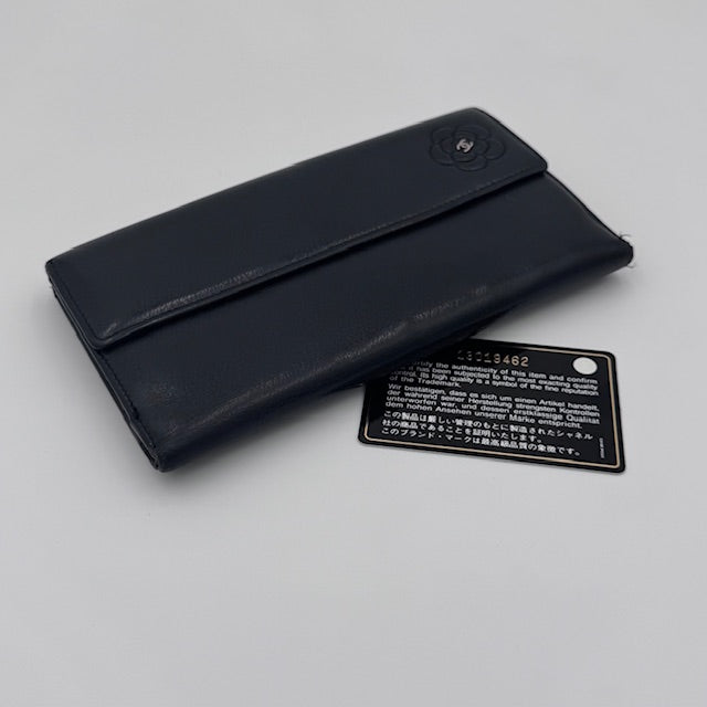 Chanel Black Leather Camellia Long Wallet