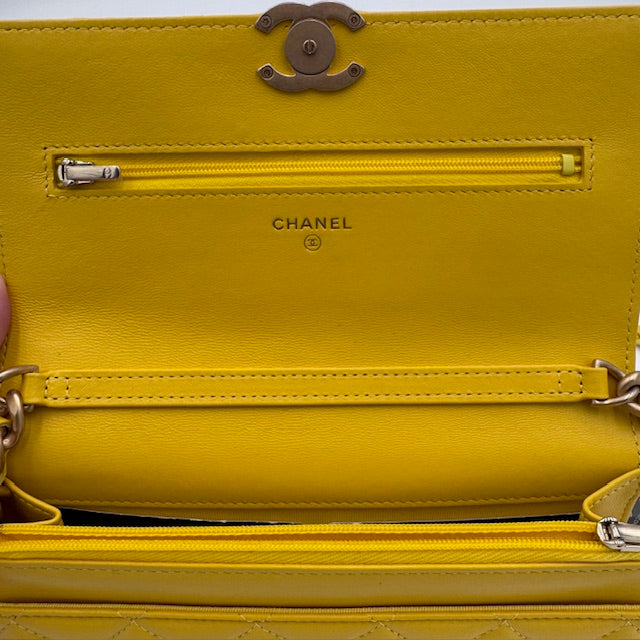 Chanel Yellow Quilted Leather Wallet on Chain (WOC) – Gold Chain Strap