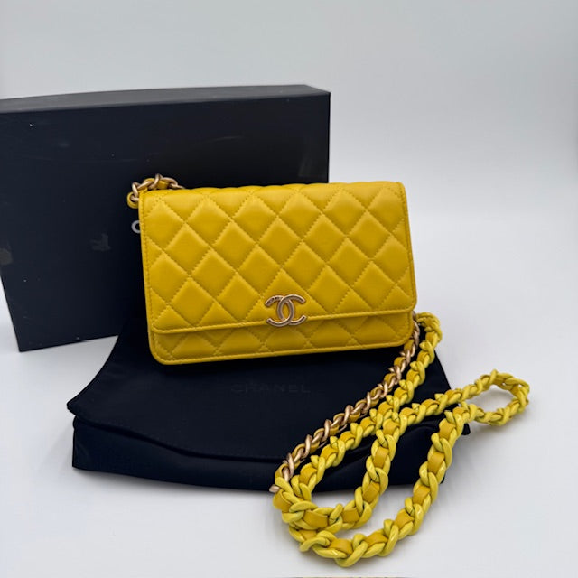 Chanel Yellow Quilted Leather Wallet on Chain (WOC) – Gold Chain Strap