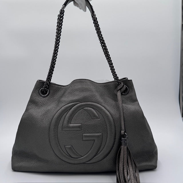 Gucci Soho Chain Tote in Gunmetal Grey Pebbled Leather